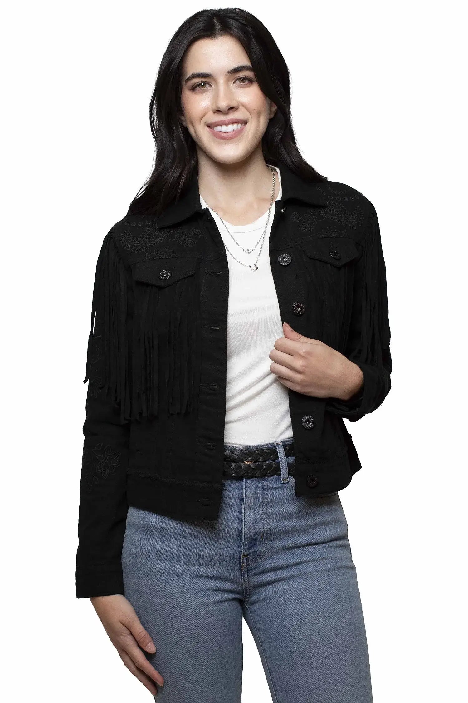 Scully Leather 80% Cotton 18% Rayon 2% Elastic Black Fringe Jacket W/Emb. Crochet - Scully Leather - Flyclothing LLC