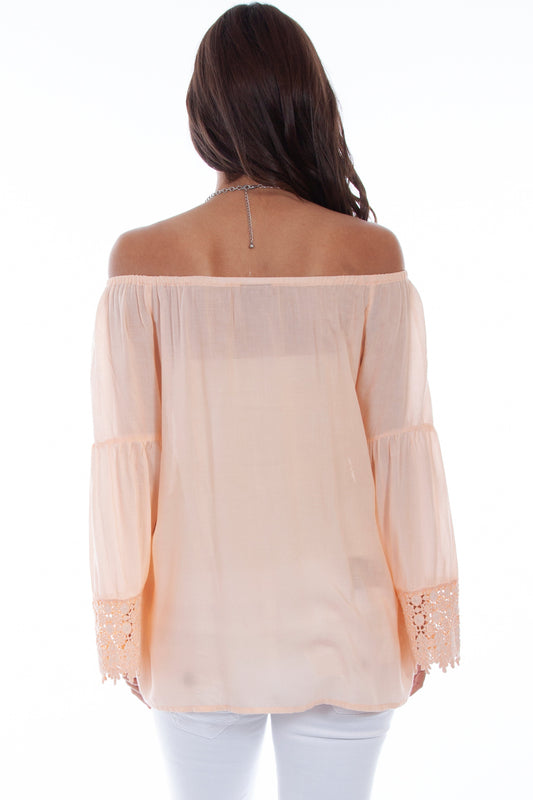 Honey creek peach peasant blouse w/crochet lace - Scully Leather