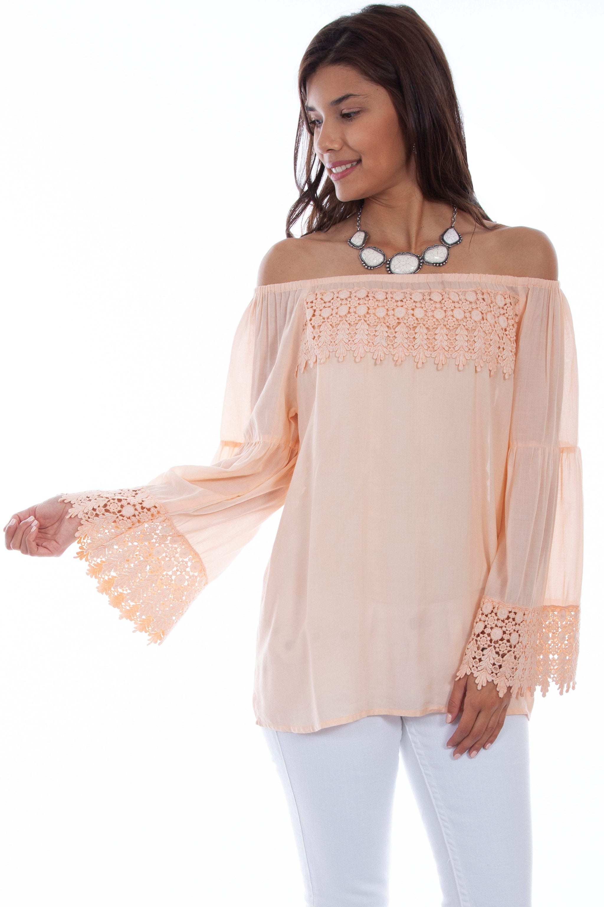 Honey creek peach peasant blouse w/crochet lace - Scully Leather - Flyclothing LLC