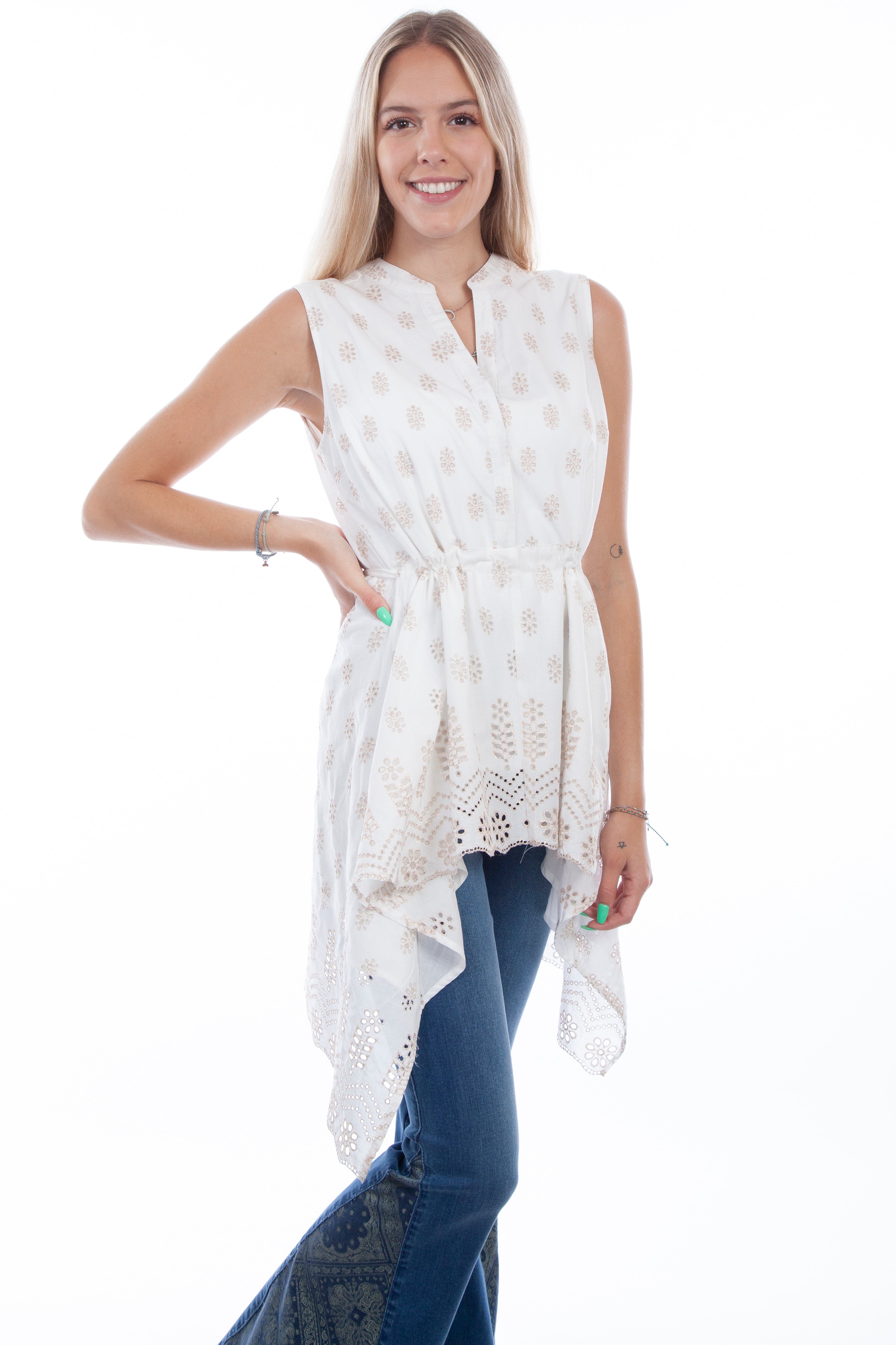 Honey creek ivory emb. Tie back tunic - Scully Leather
