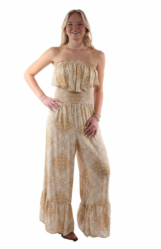 Honey creek toffee bandana print jumpsuit ruffle top - Scully Leather