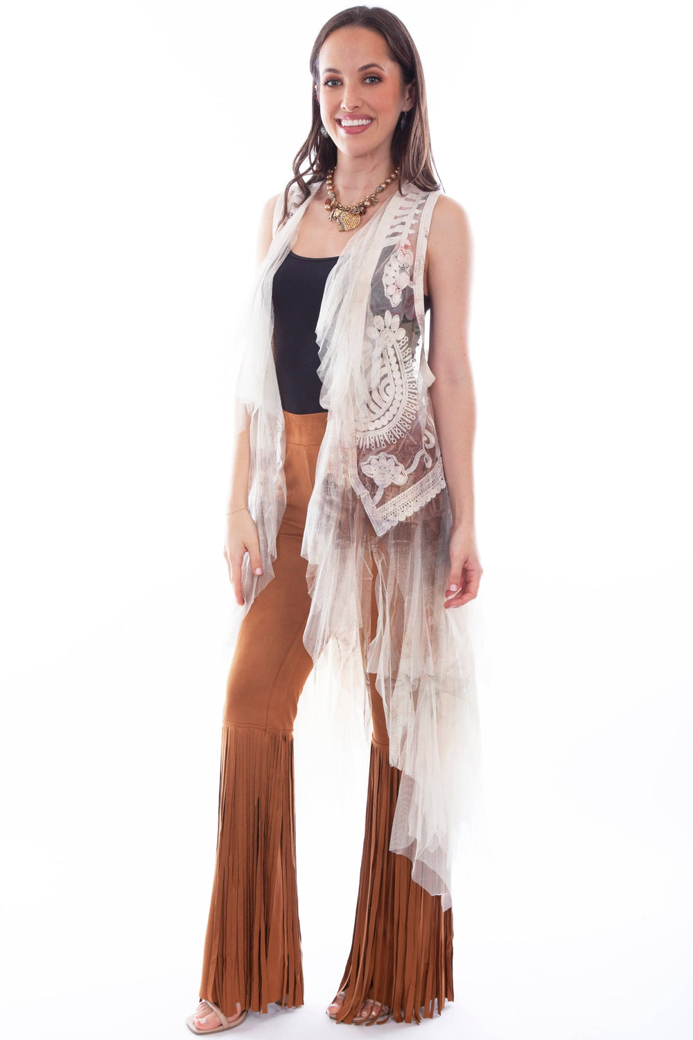 Honey creek silver snake printed emb tulle layered duster - Scully Leather