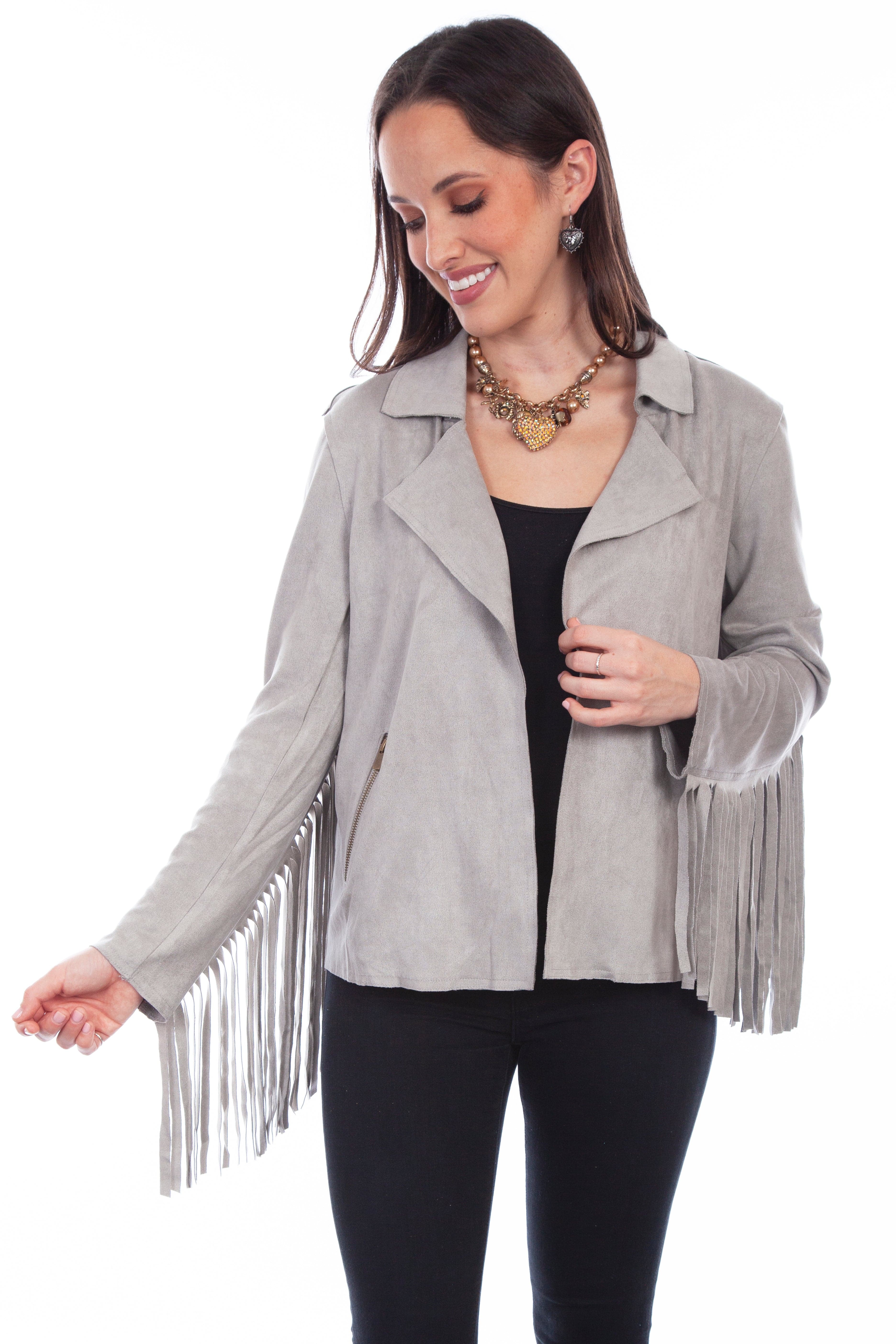 Honey creek light grey ultra suede fringe jacket - Scully Leather