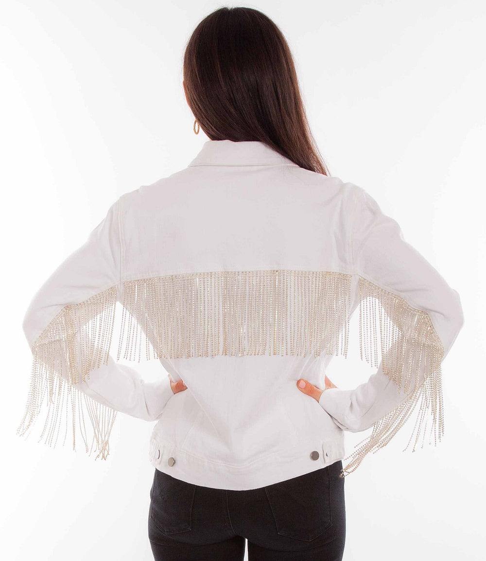 Scully Leather White Denim Jacket W/Rhinestone Fringe - Scully Leather