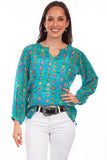 Honey creek turquoise pullover v-neck print blouse - Scully Leather