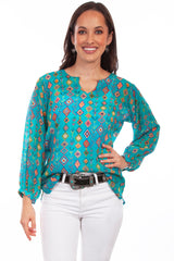 Honey creek turquoise pullover v-neck print blouse - Scully Leather