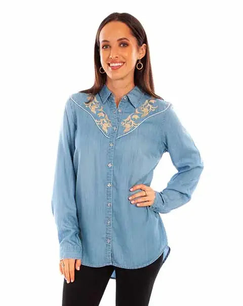 Scully Leather Blue Tencel Blouse W/Emb. & Piping - Scully Leather - Flyclothing LLC