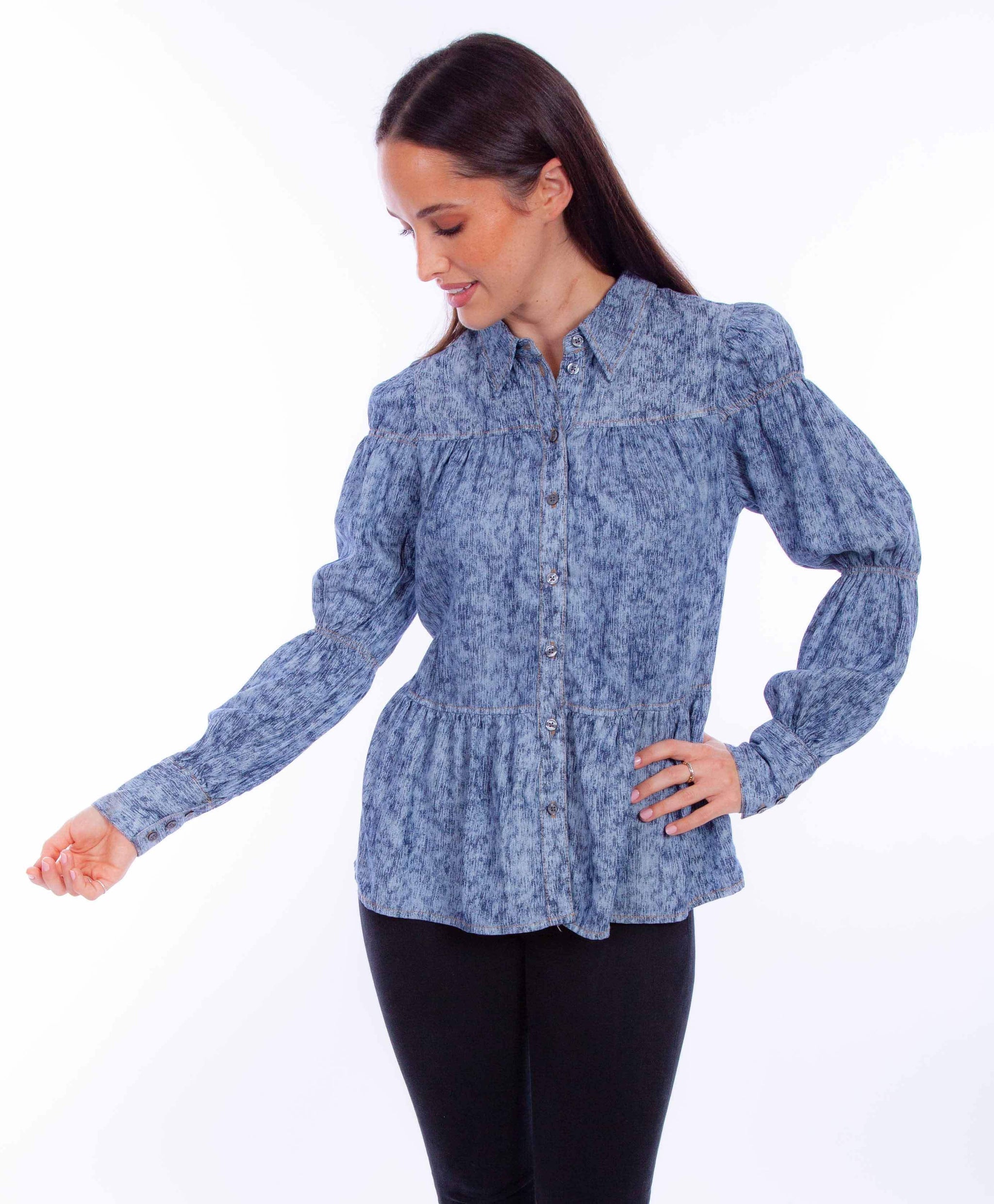 Honey creek blue tiered shirt w/smock tier sleeve - Scully Leather - Flyclothing LLC