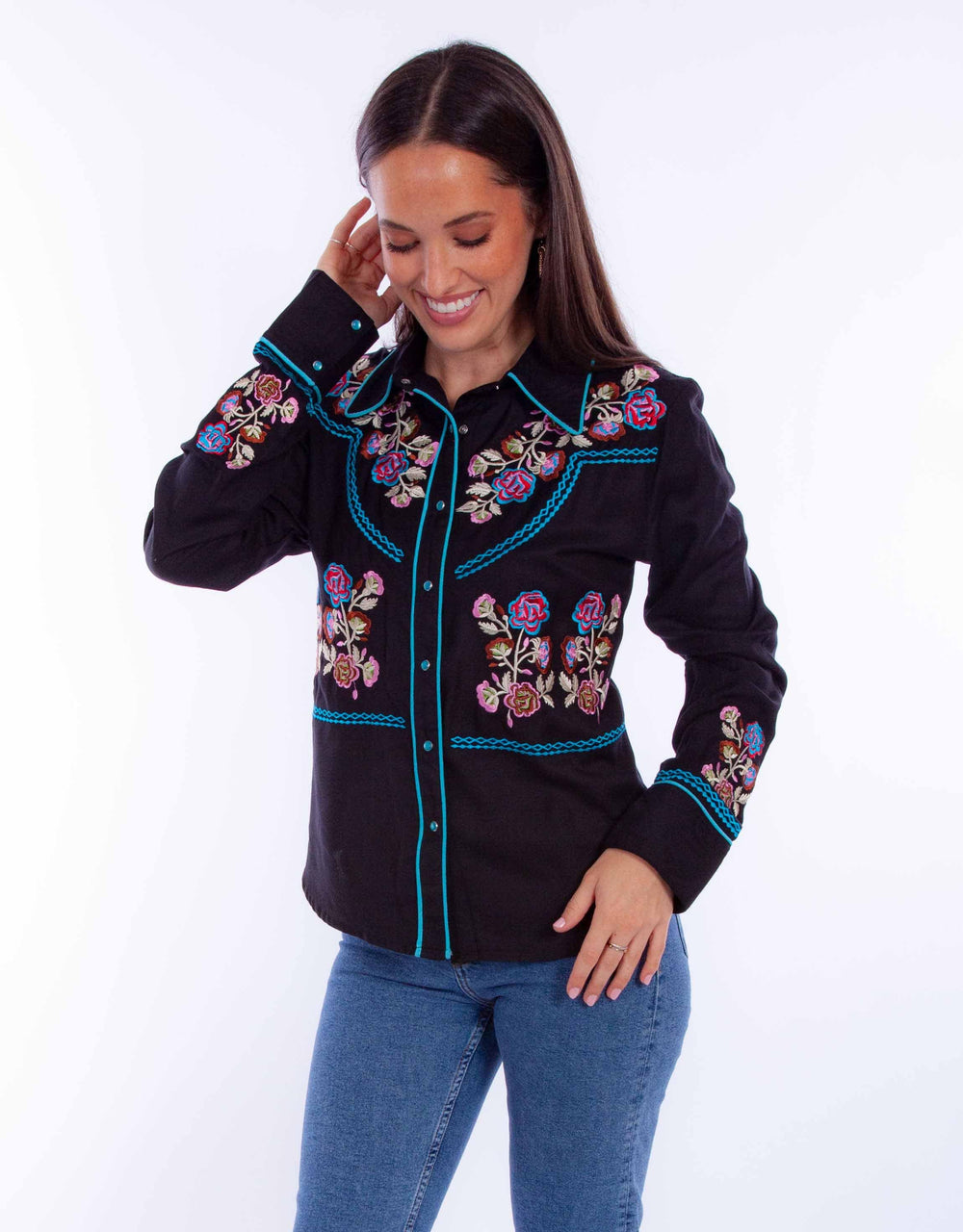 Honey creek black-turquoise floral emb top w/turq piping - Scully Leather