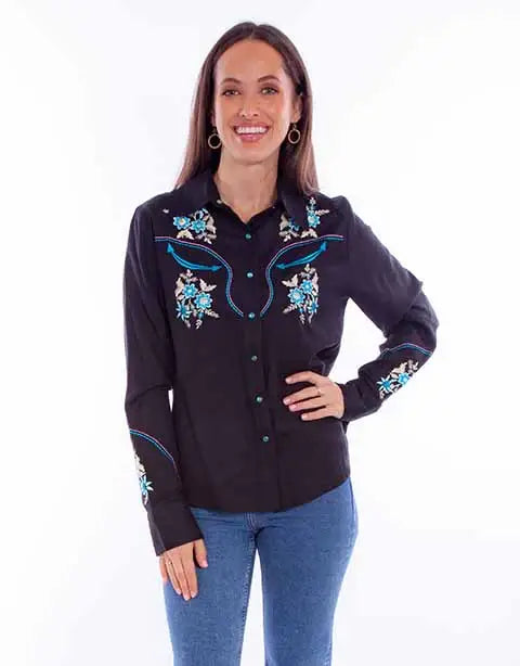 Scully Leather Black Flral Emb. Top With Smile Pocket Emb - Scully Leather - Flyclothing LLC