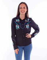 Scully Leather Black Flral Emb. Top With Smile Pocket Emb - Scully Leather - Flyclothing LLC