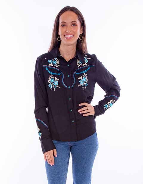 Scully Leather Black Flral Emb. Top With Smile Pocket Emb - Scully Leather