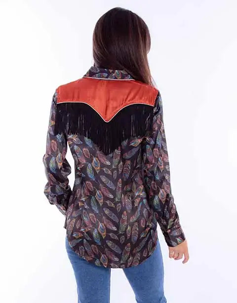 Scully Leather Black Feather Print W/Fringe & Cont. Yoke - Scully Leather - Flyclothing LLC