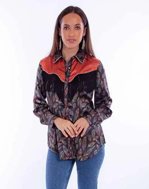 Scully Leather Black Feather Print W/Fringe & Cont. Yoke - Scully Leather - Flyclothing LLC