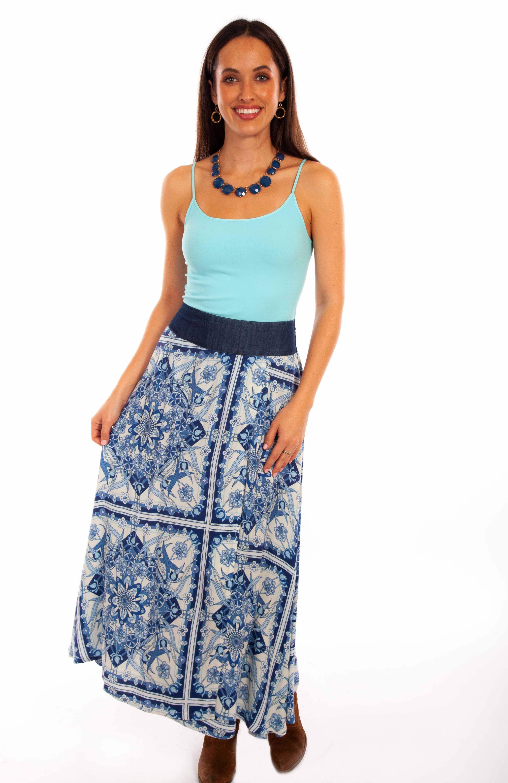 Honey creek blue wrap skirt w/denim waist band tie - Scully Leather - Flyclothing LLC