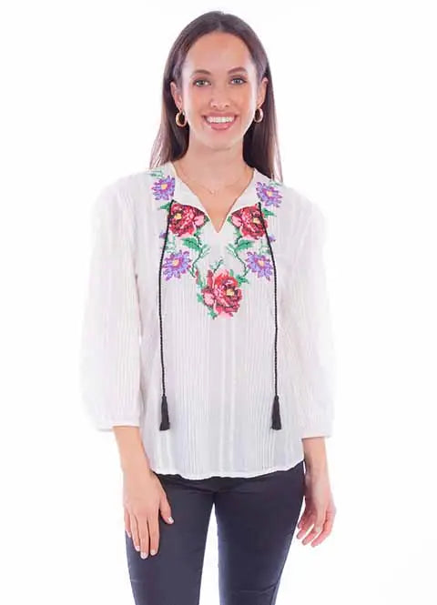 Scully Leather White L/S Emb. Blouse - Scully Leather - Flyclothing LLC