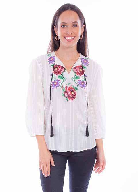 Scully Leather White L/S Emb. Blouse - Scully Leather - Flyclothing LLC