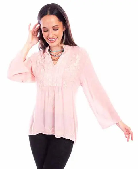 Scully Leather Blush Pullover V Neck Emb. L/S Blouse - Scully Leather - Flyclothing LLC