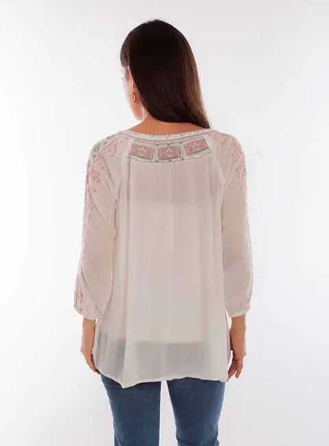 Scully Leather Ivory Tie Front Pull Over Emb Blouse - Scully Leather - Flyclothing LLC