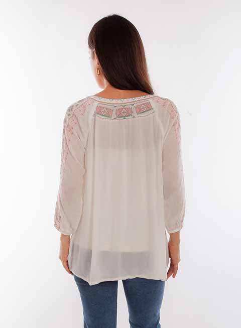 Scully Leather Ivory Tie Front Pull Over Emb Blouse - Scully Leather - Flyclothing LLC