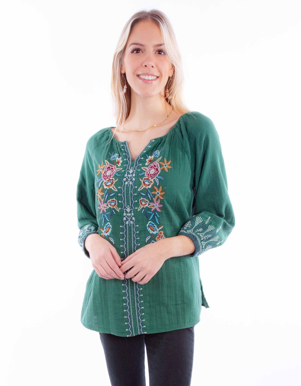 Honey creek jade pullover tie front emb. Blouse - Scully Leather