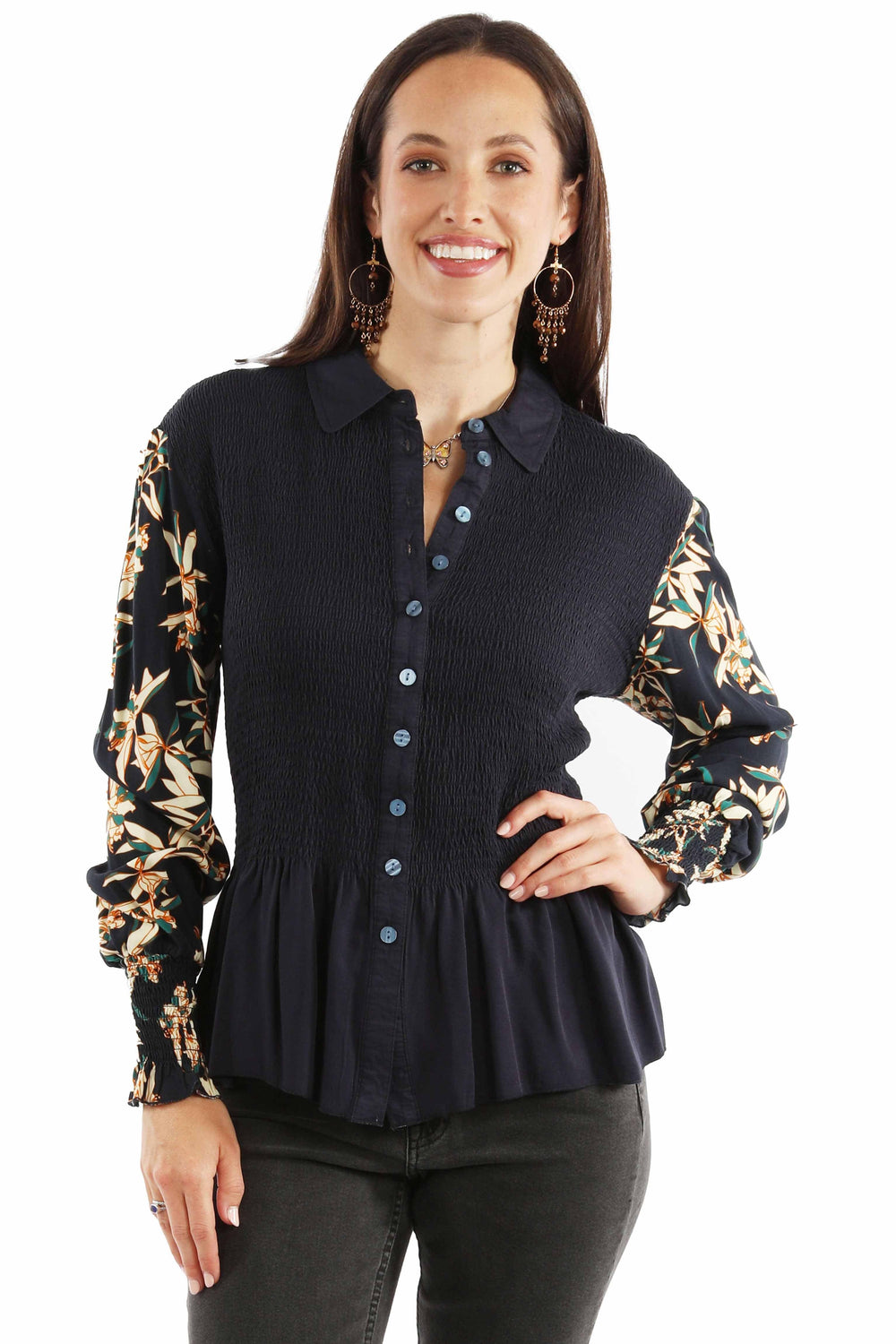 Honey creek navy peplum blouse smocked bodice - Scully Leather