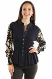 Honey creek navy peplum blouse smocked bodice - Scully Leather