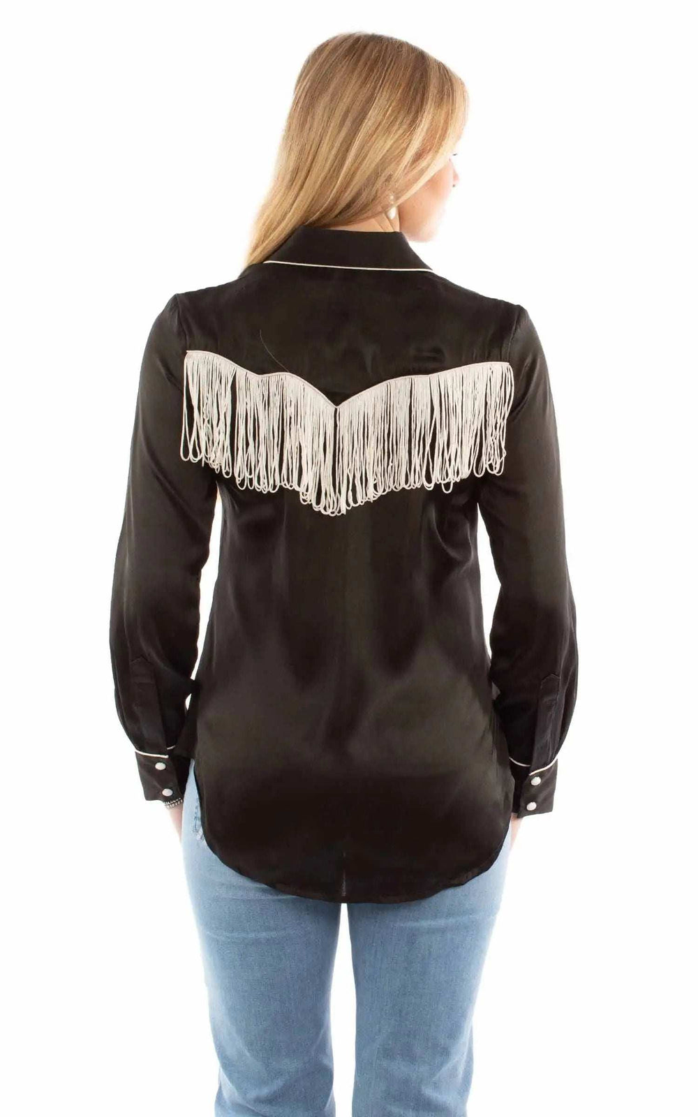 honey creek black 100% polyester solid blouse with piping/fringe - Scully Leather - Flyclothing LLC