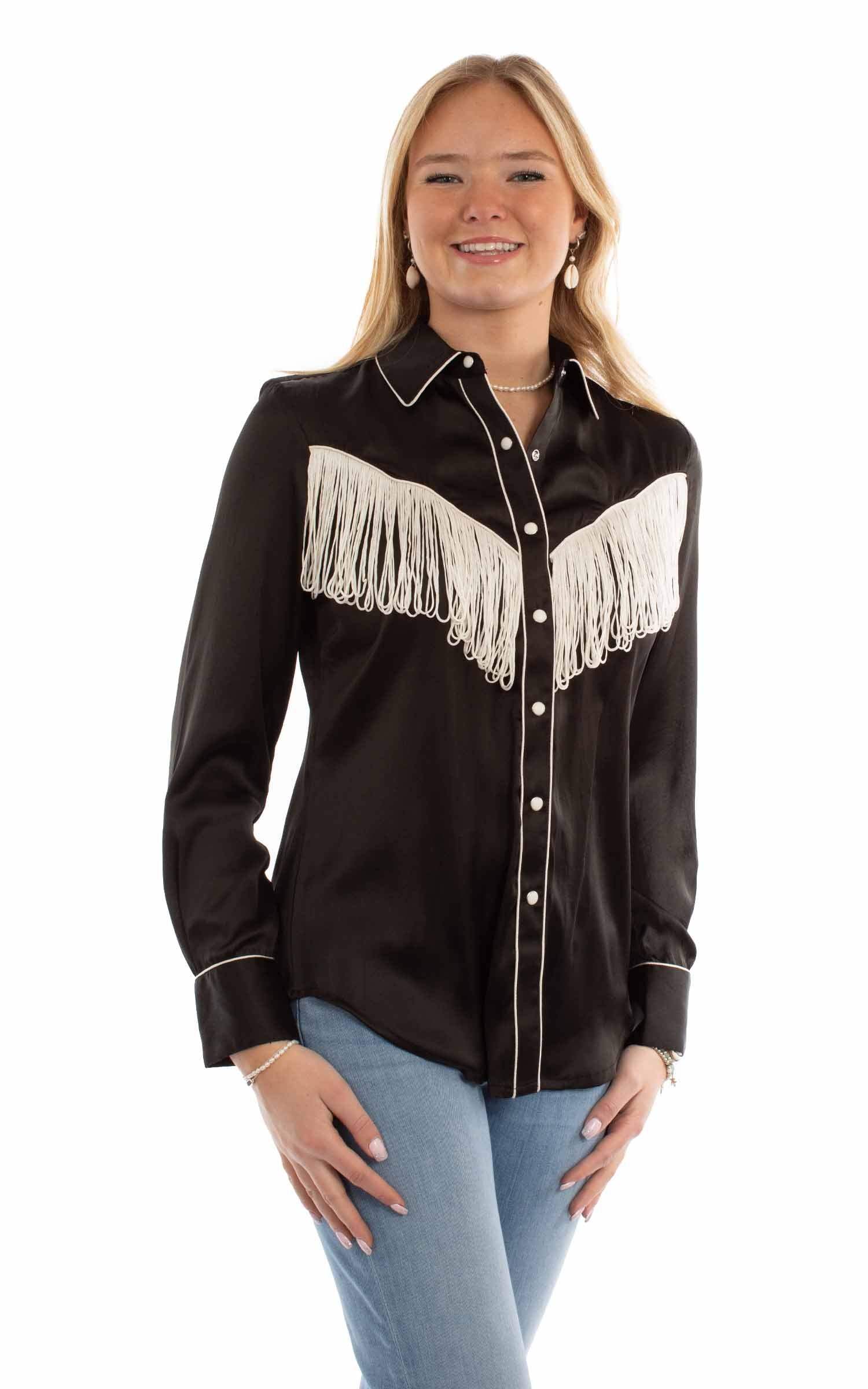 honey creek black 100% polyester solid blouse with piping/fringe - Scully Leather - Flyclothing LLC