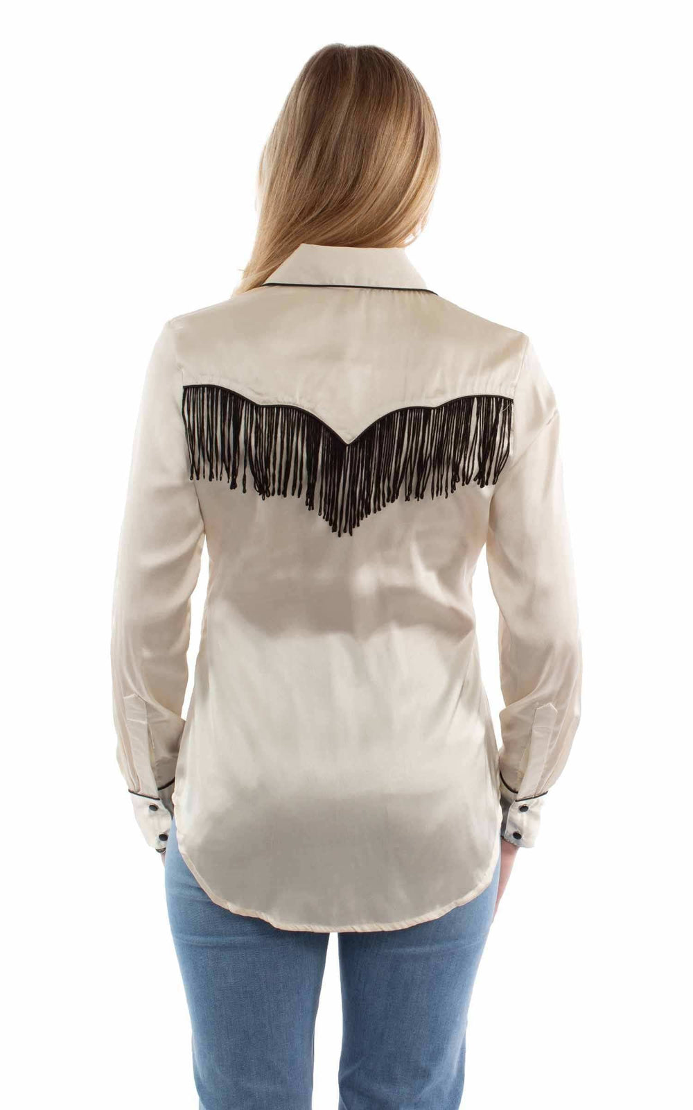 honey creek cream 100% polyester solid blouse with piping/fringe - Scully Leather - Flyclothing LLC