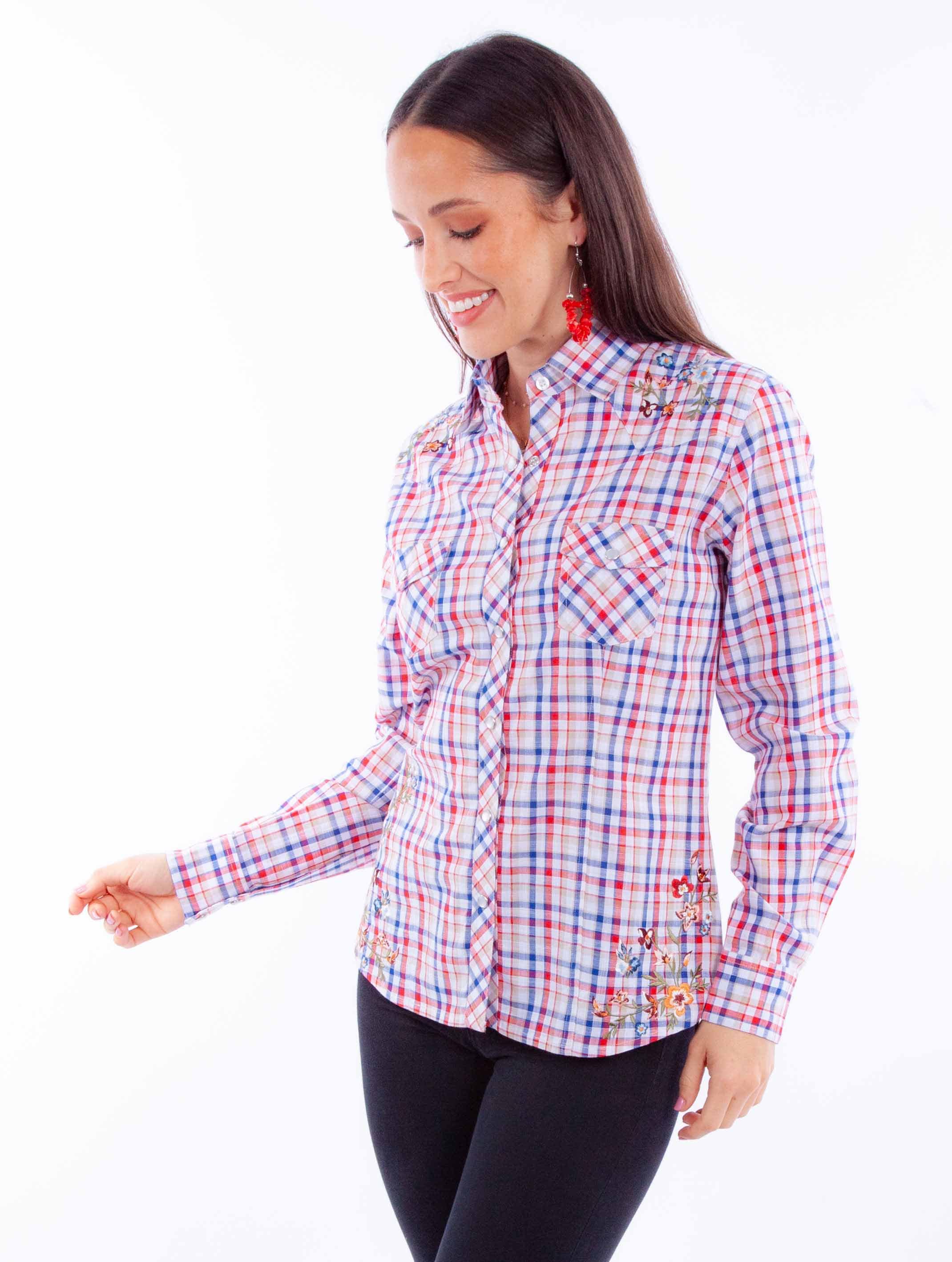 Honey creek red white & blue vintage y/d check top w/embroidery - Scully Leather