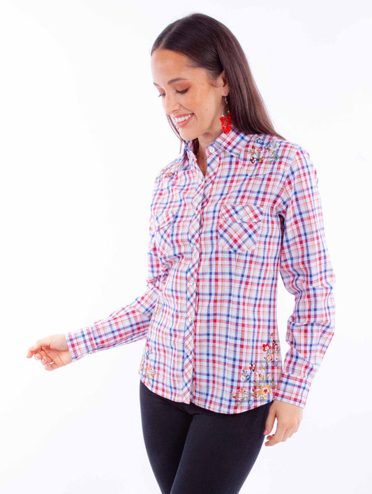 Honey creek red white & blue vintage y/d check top w/embroidery - Scully Leather