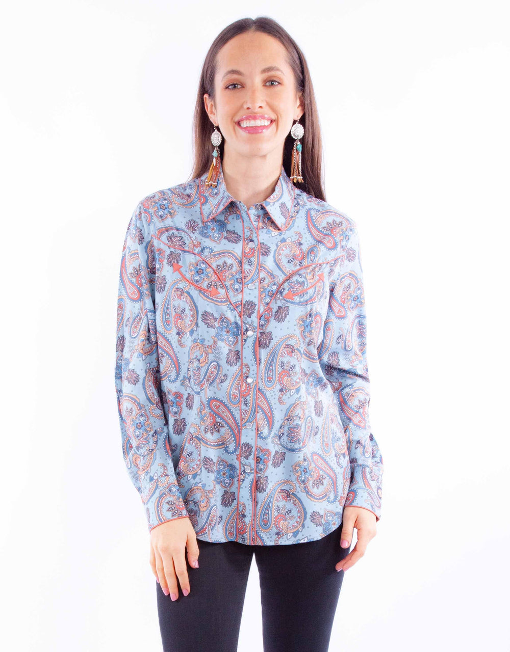 honey creek blue 100% rayon paisley western blouse