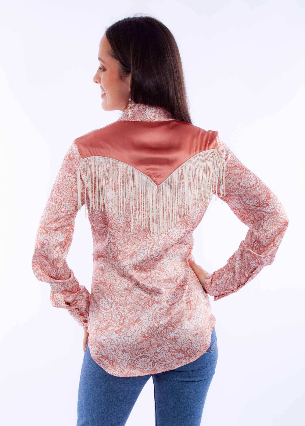 Honey creek peach print blouse w/solid yokes & fringe - Scully Leather - Flyclothing LLC