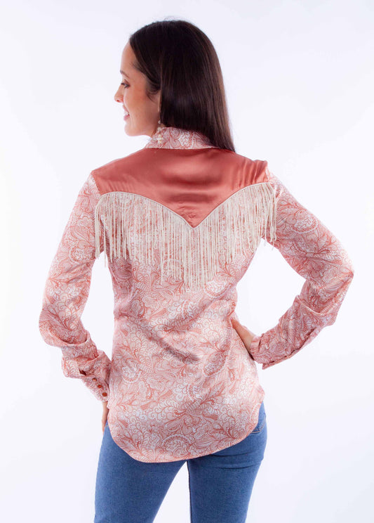 Honey creek peach print blouse w/solid yokes & fringe - Scully Leather