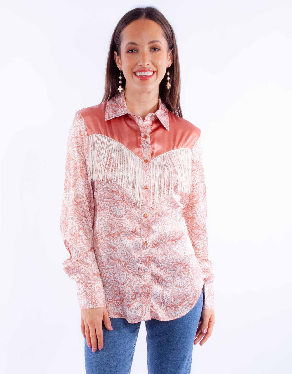 Honey creek peach print blouse w/solid yokes & fringe - Scully Leather