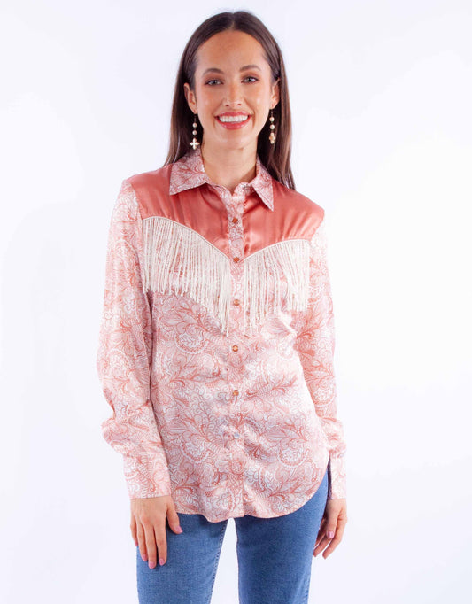 Honey creek peach print blouse w/solid yokes & fringe - Scully Leather