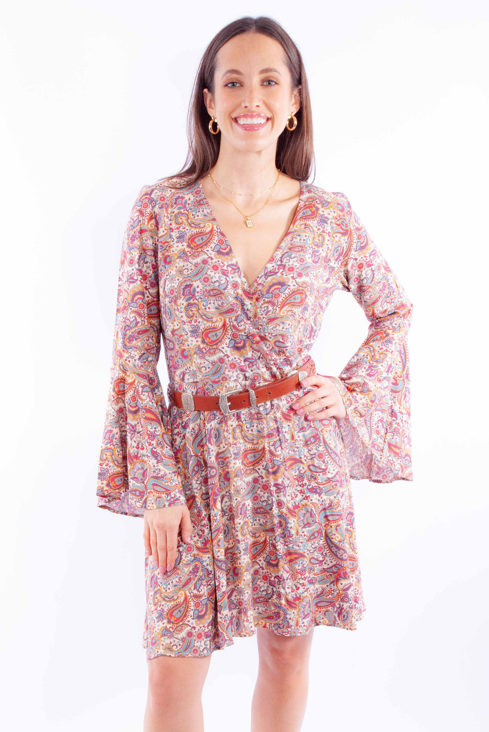 Honey creek tan paisley print dress w/bell sleeves - Scully Leather