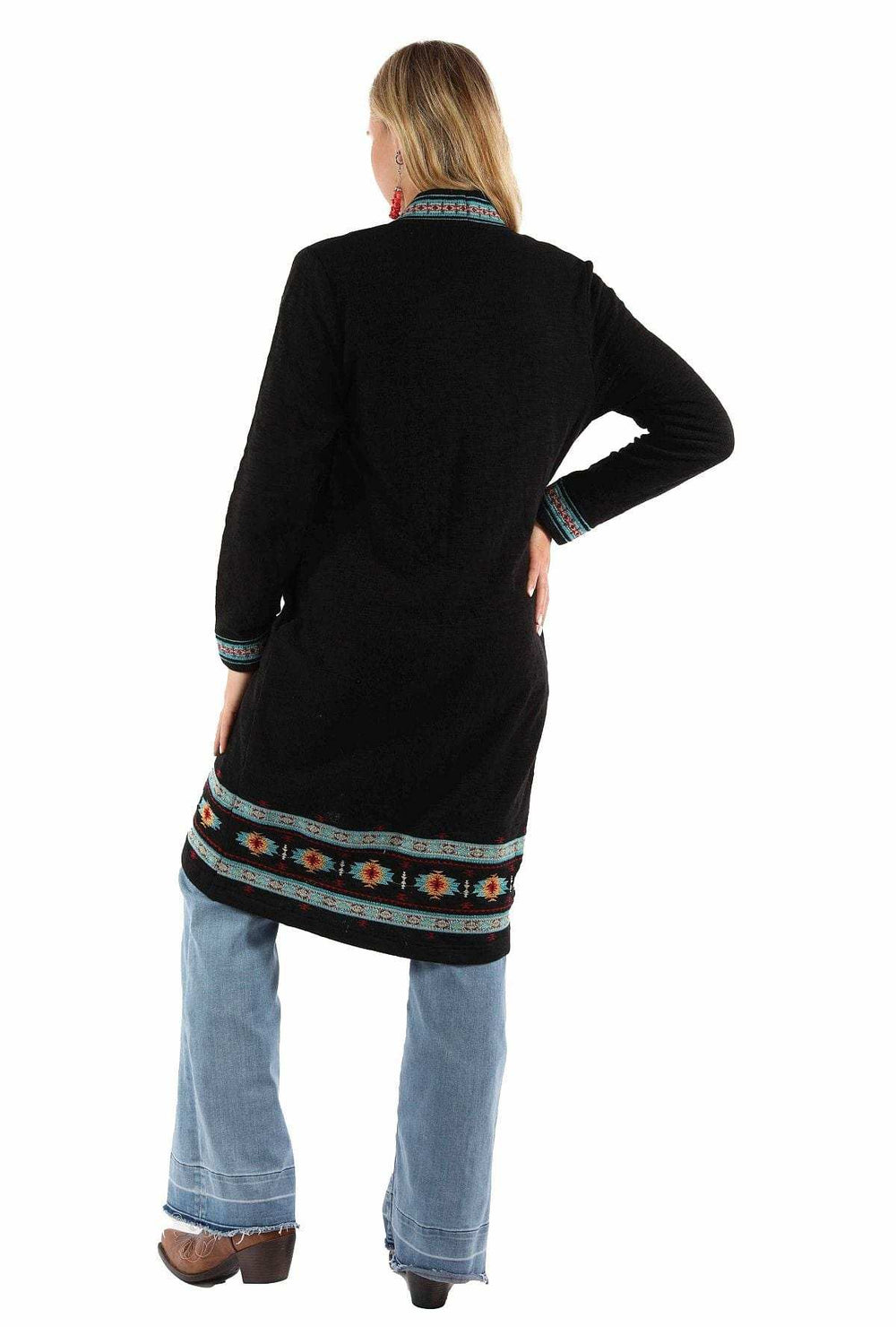honey creek black 100% cotton long emb double knit sweater - Scully Leather - Flyclothing LLC