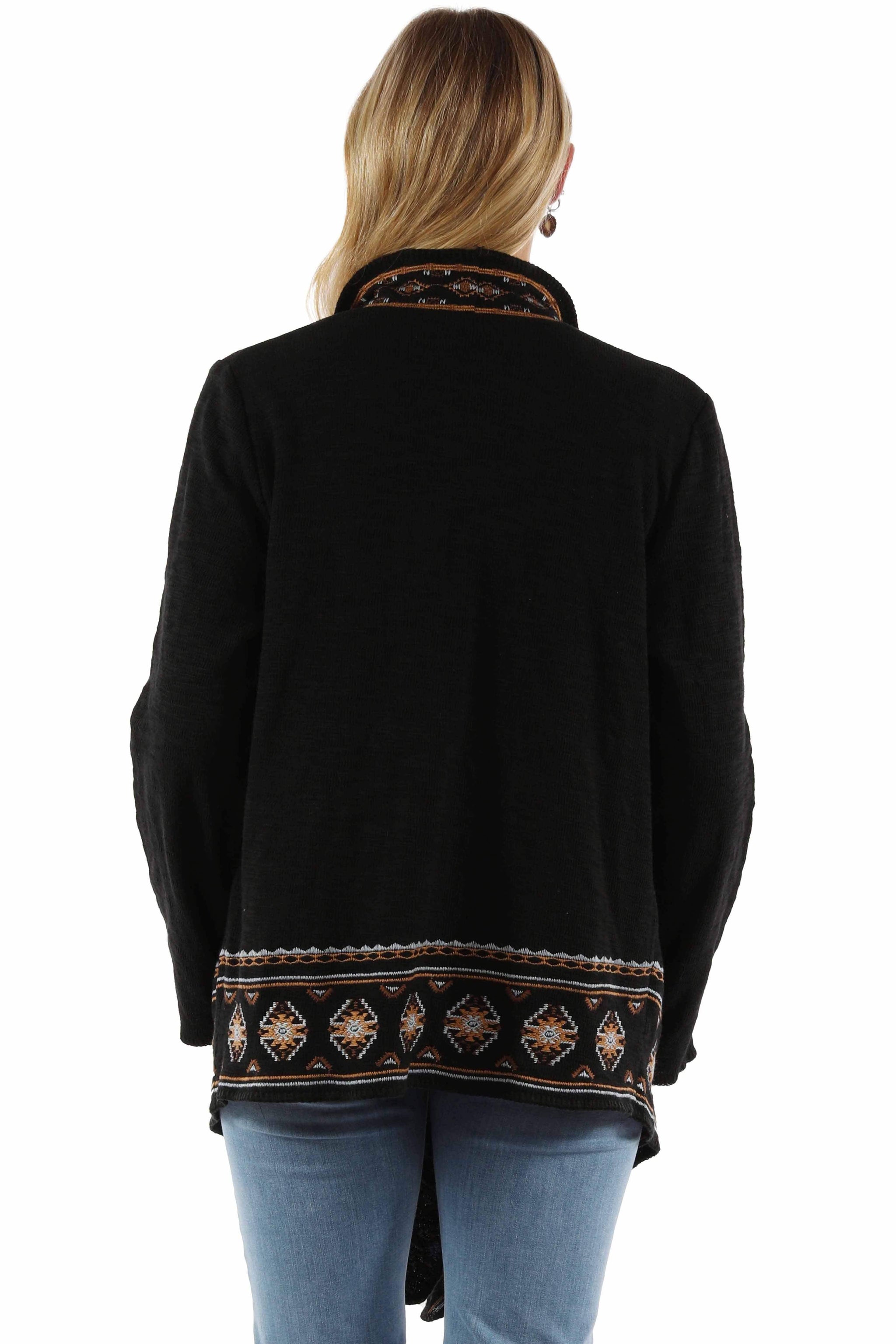 honey creek black 100% cotton waterfall front emb. sweater - Scully Leather - Flyclothing LLC