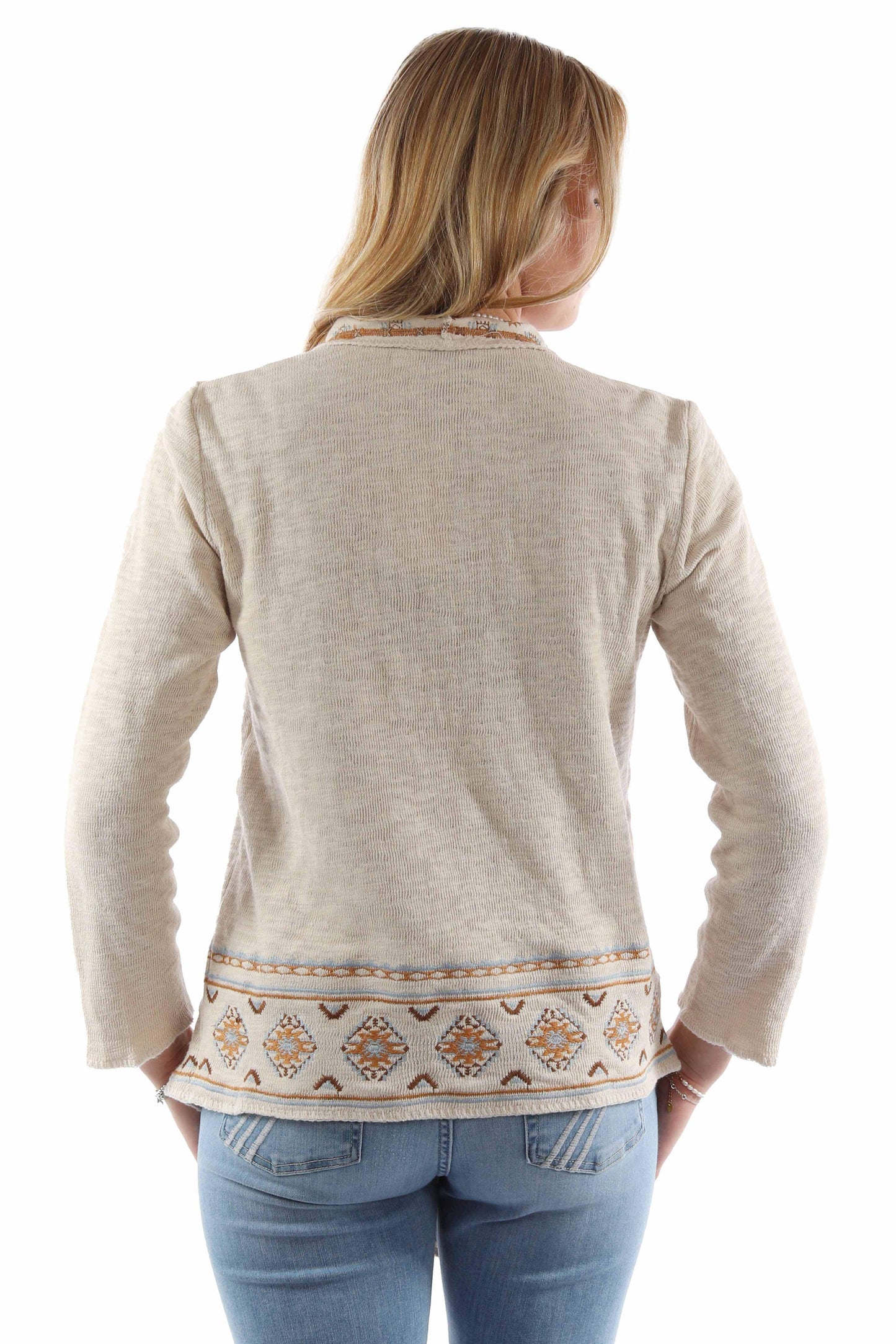 honey creek cream 100% cotton waterfall front emb. sweater - Scully Leather - Flyclothing LLC