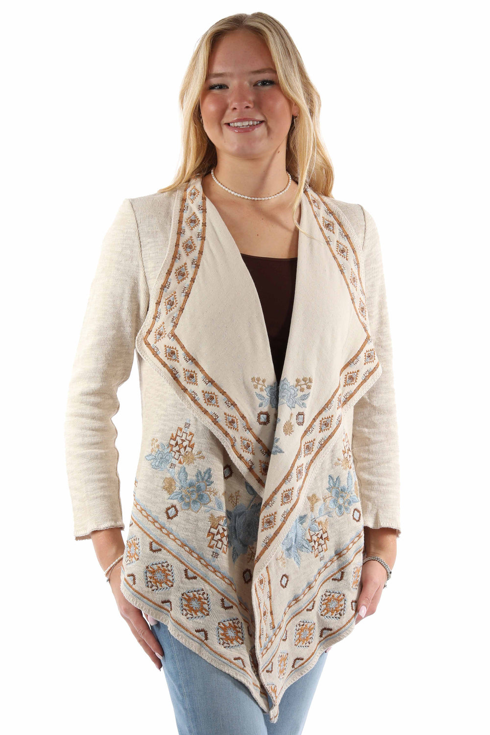honey creek cream 100% cotton waterfall front emb. sweater - Scully Leather