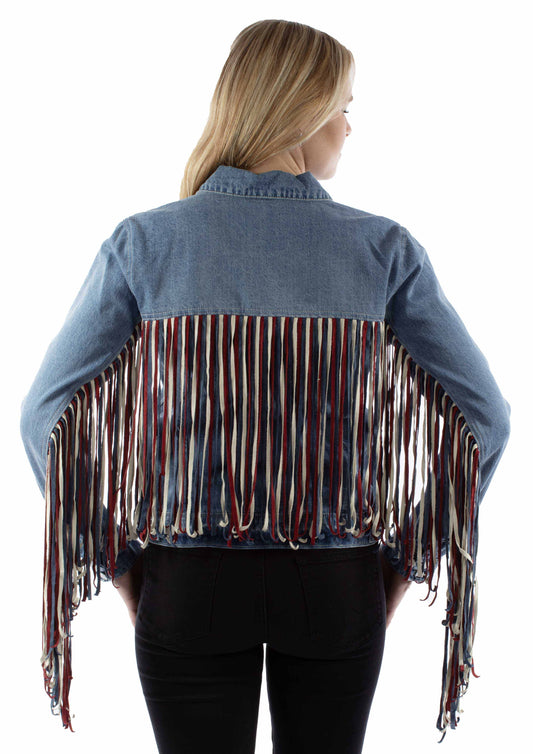 Honey creek red white & blue denim jacket w/vintage fringe colors - Scully Leather