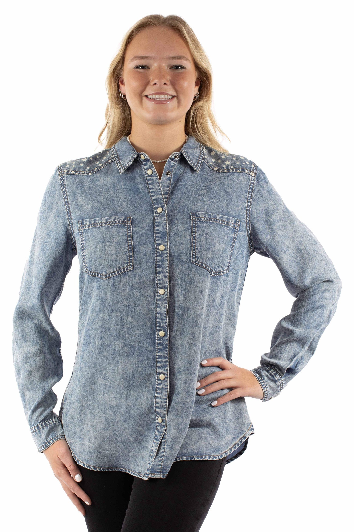 Scully Leather Blue Snap Front Star Yokes Blouse - Scully Leather - Flyclothing LLC