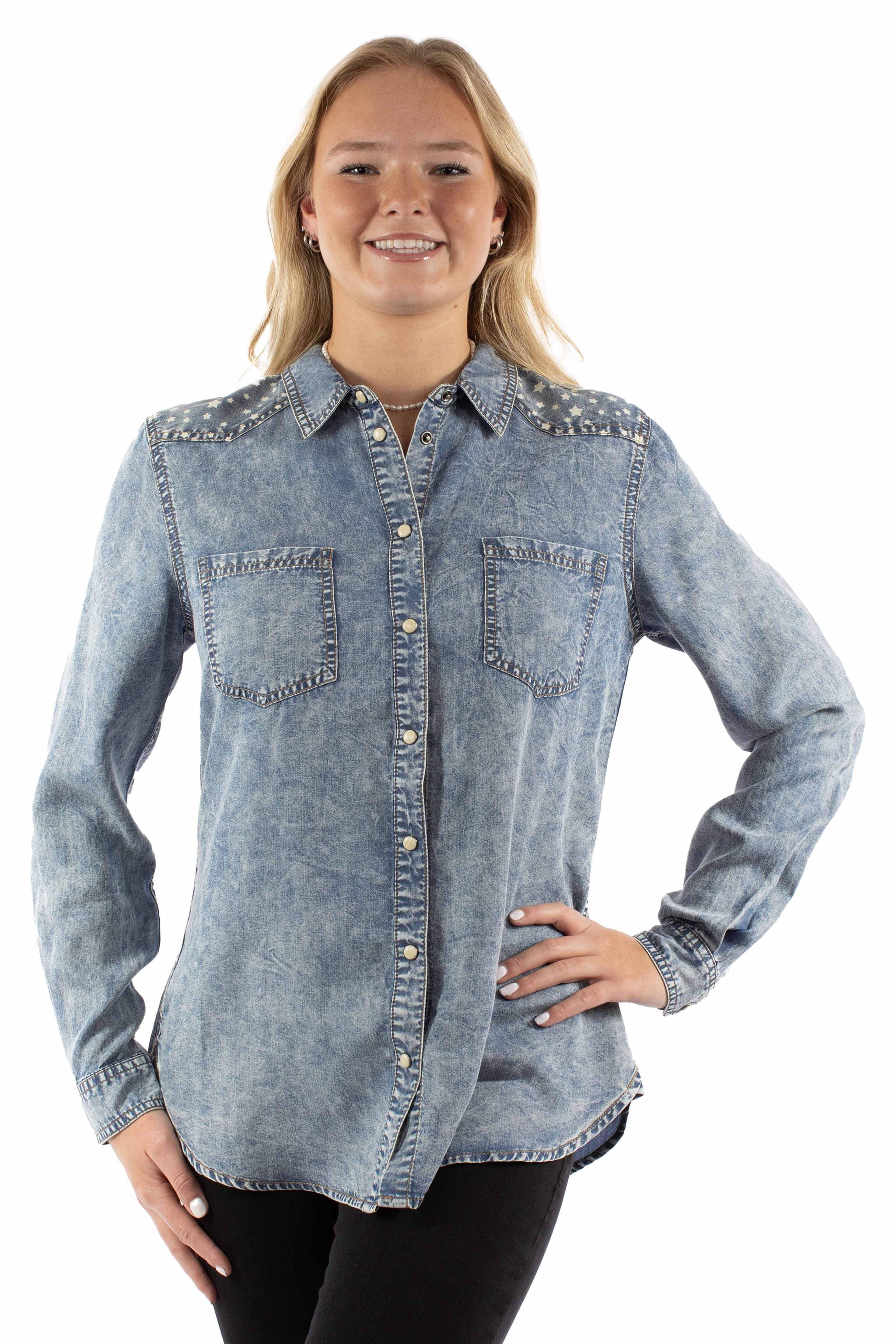Scully Leather Blue Snap Front Star Yokes Blouse - Scully Leather - Flyclothing LLC