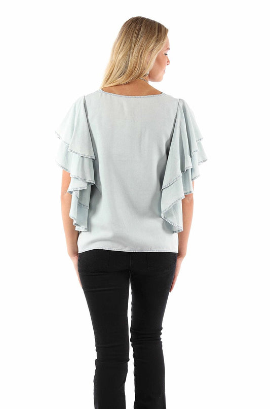 Scully Leather Light Blue Cinche Front Blouse