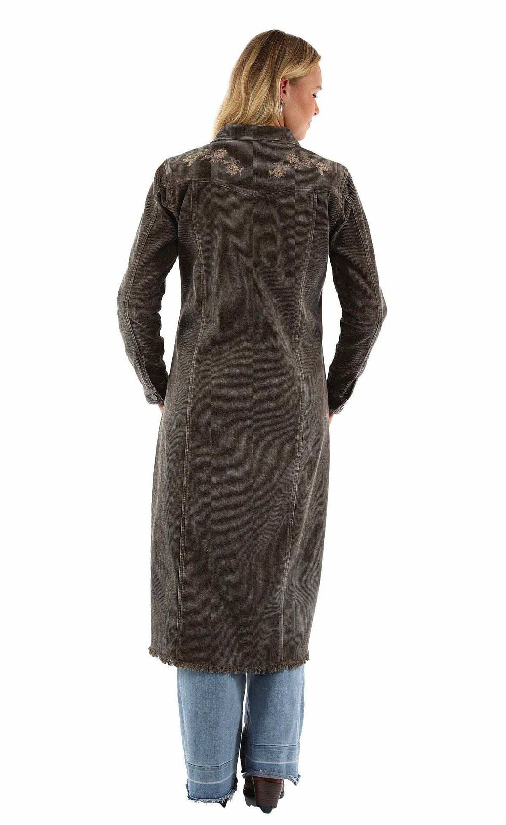 honey creek olive 95% cotton 5% rayon corduroy duster w/emb back yoke - Scully Leather - Flyclothing LLC