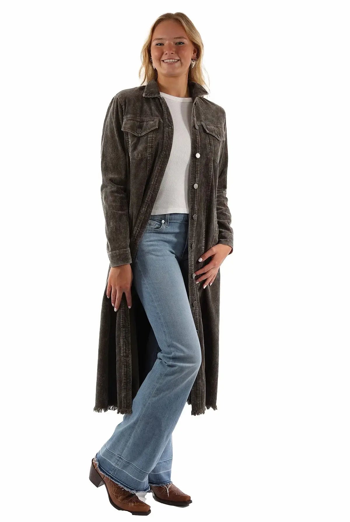 honey creek olive 95% cotton 5% rayon corduroy duster w/emb back yoke - Scully Leather - Flyclothing LLC
