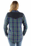 honey creek blue 70% rayon 30% cotton plaid shirt w/denim yokes - Scully Leather
