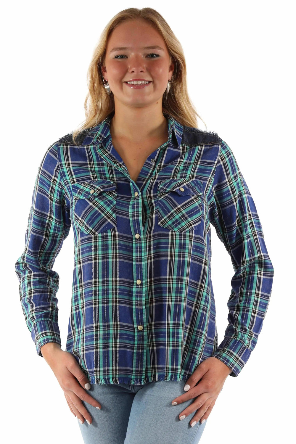 honey creek blue 70% rayon 30% cotton plaid shirt w/denim yokes - Scully Leather